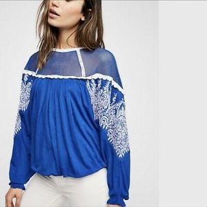 Free People Bright Blue Embroidered Top
